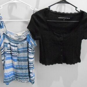 2 Aeropostale Ladies Tops-Blue Multicolor Cami & Black Crop Short Sleeve - Small
